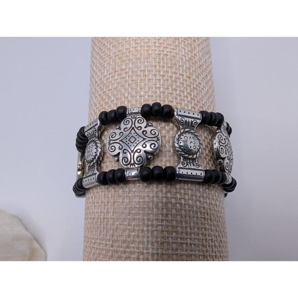 Brighton Silver Tone Black Bead Bracelet Adjustable Length Unique Design - Picture 6 of 10